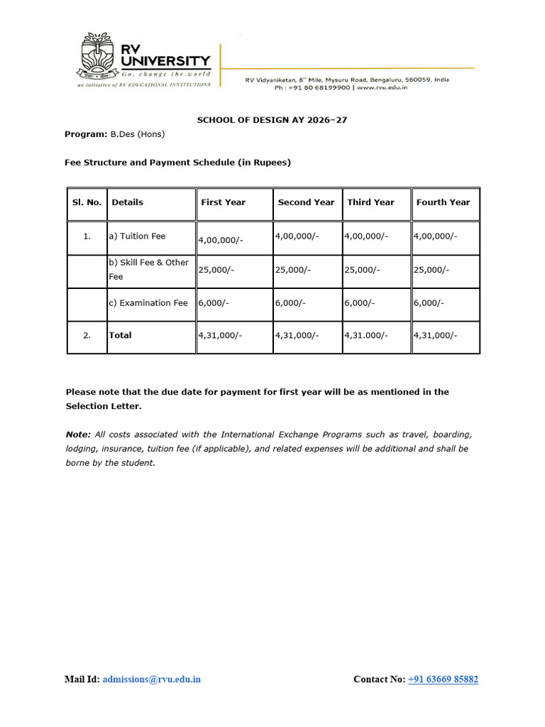 Fee Structure For B.des (Hons) | PDF
