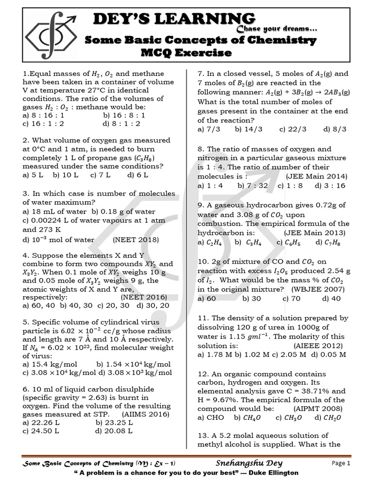 MCQ Ex (DL) Some Basic Concepts of Chem | PDF