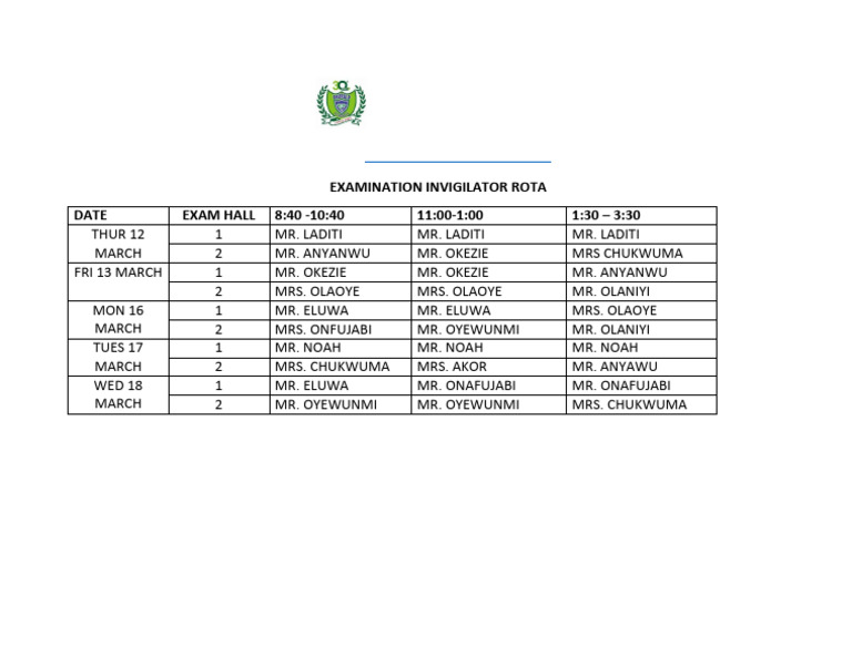 Examination Invigilator Rota | PDF