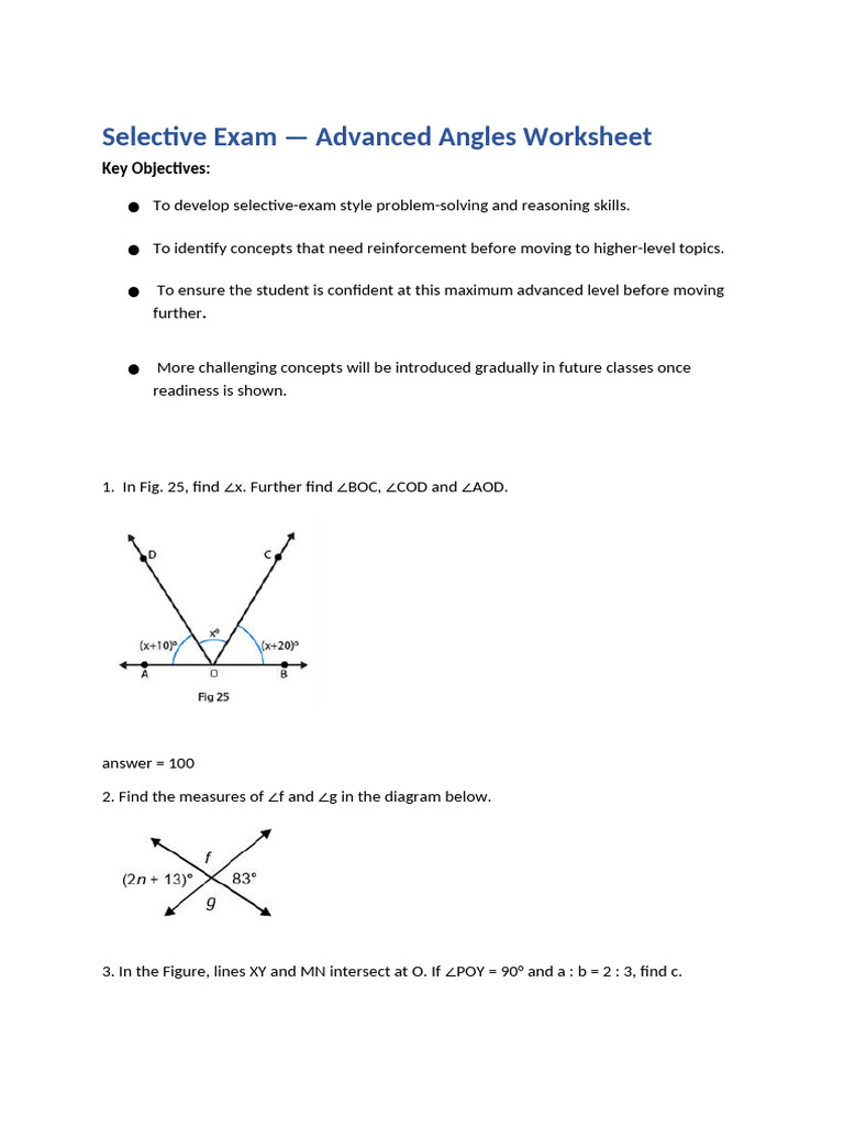 Selective Exam - Advanced Angles Worksheet: Key Objectives | PDF