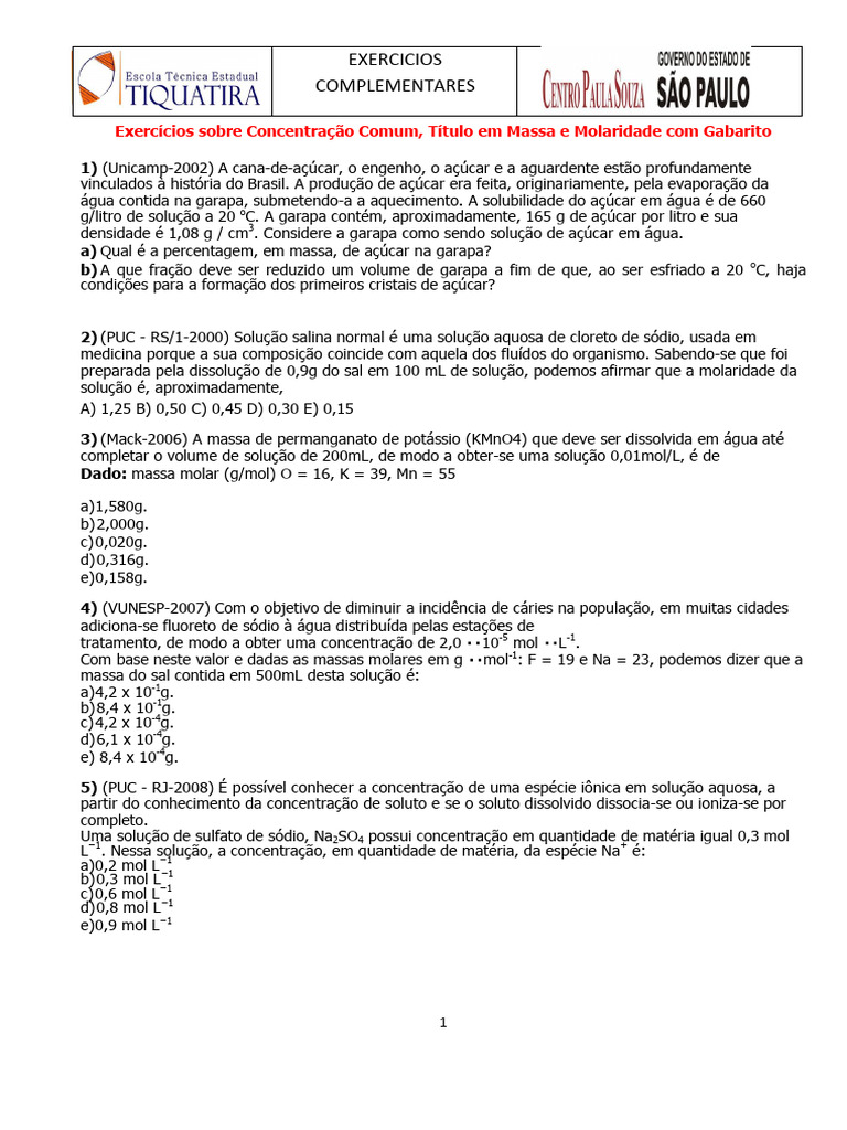 Exercícios Sobre Concentração Comum, Título em Massa e Molaridade Com ...