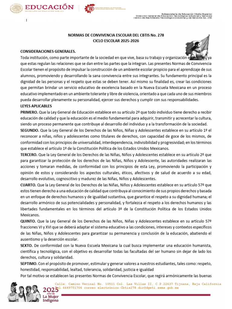 Normas de Convivencia Escolar Cbtis 278 Ago25 | PDF | Salón de clases ...