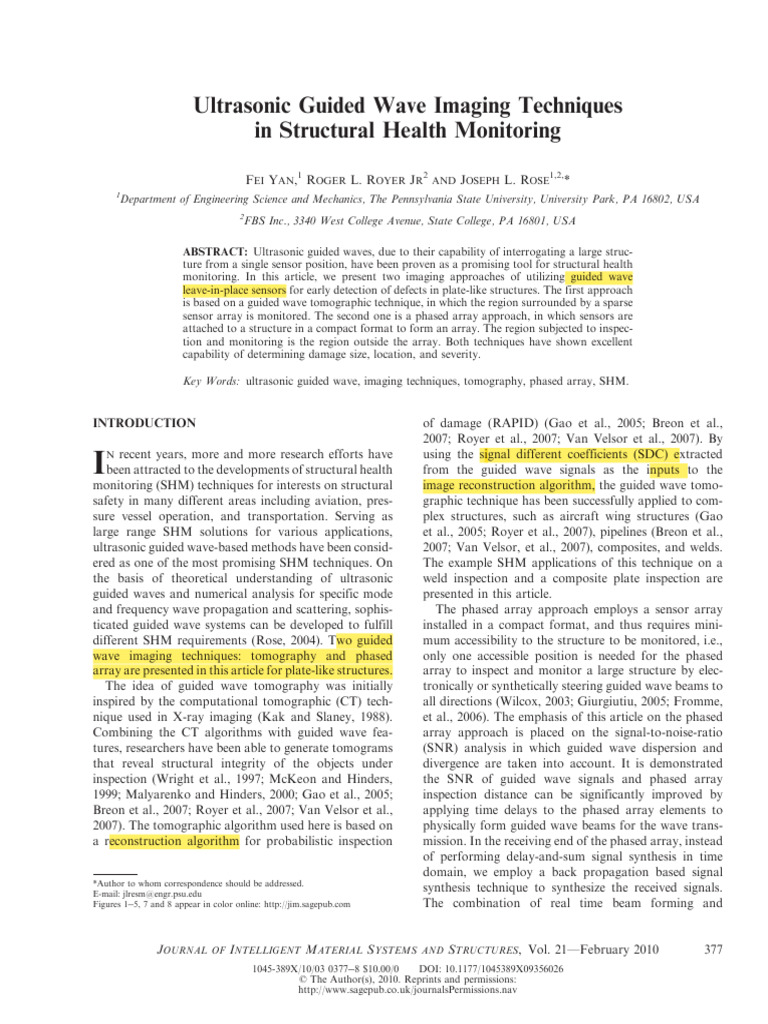 Fei Yan Et Al 2009 Ultrasonic Guided Wave Imaging Techniques in ...