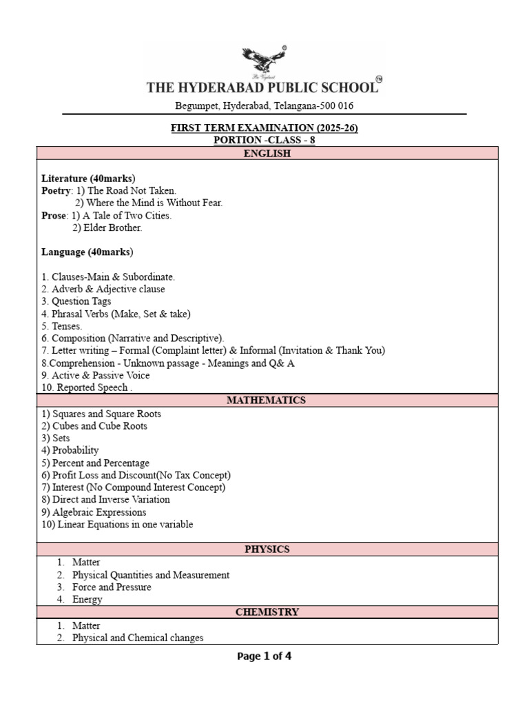 Class - 8 - TERM-1 - Portion - 2025 - 26 | PDF