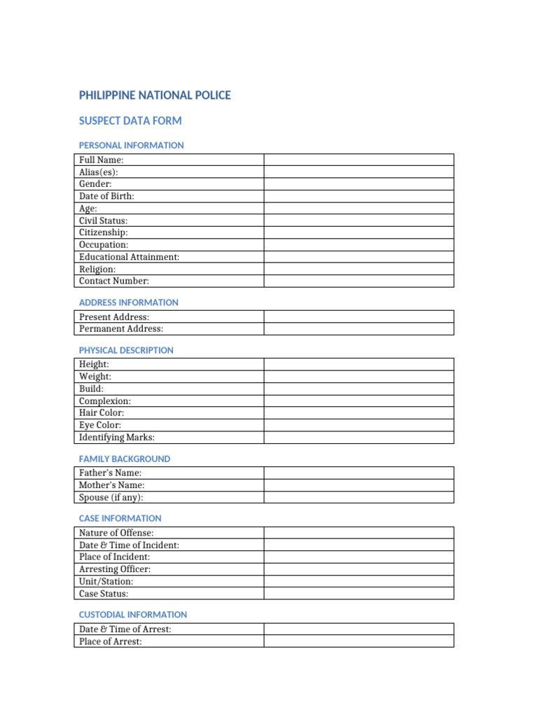 PNP Suspect Data Form | PDF