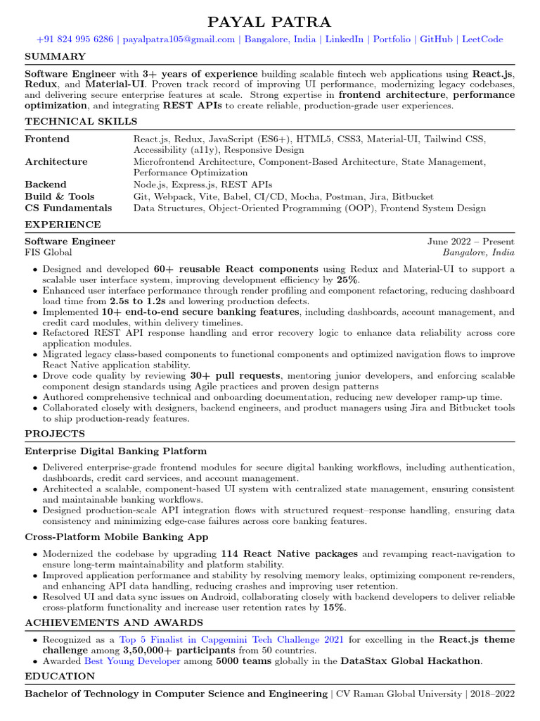 Payal Patra Software Developer Resume | PDF | Software | Systems ...