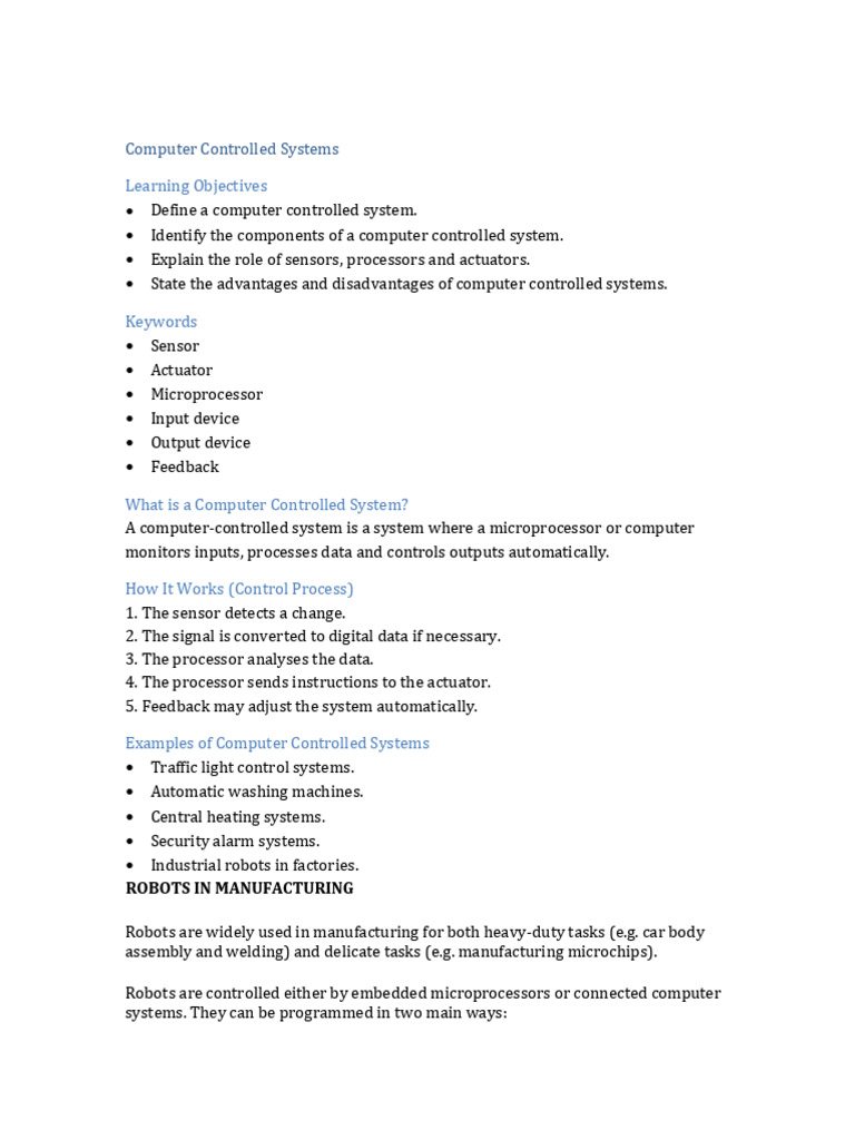 IGCSE ICT Computer Controlled Systems Notes | PDF | Robot | Robotics