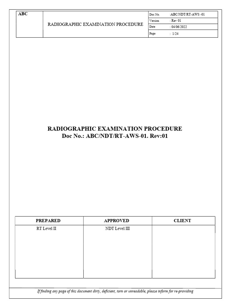 Radiographic Examination Procedure Doc No.: ABC/NDT/RT-AWS-01. Rev:01 ...