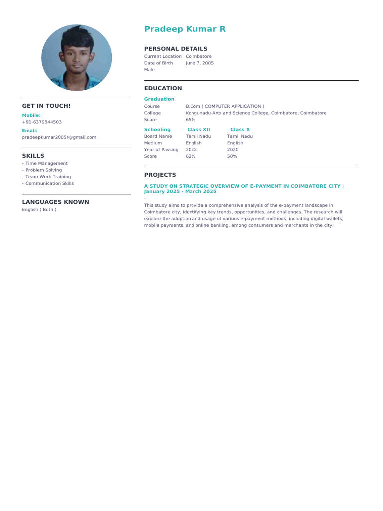 Pradeep Kumar R: Personal Details | PDF