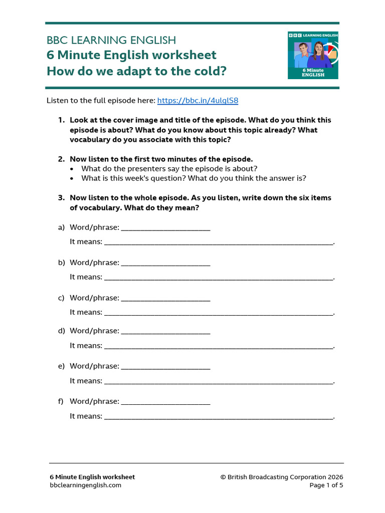 6 Minute English How Do We Adapt To The Cold Worksheet | PDF