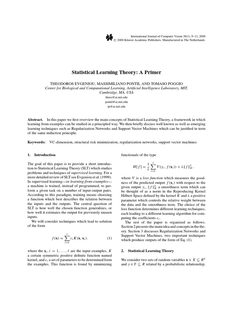 Statistical Learning Theory A Primer | PDF | Support Vector Machine ...
