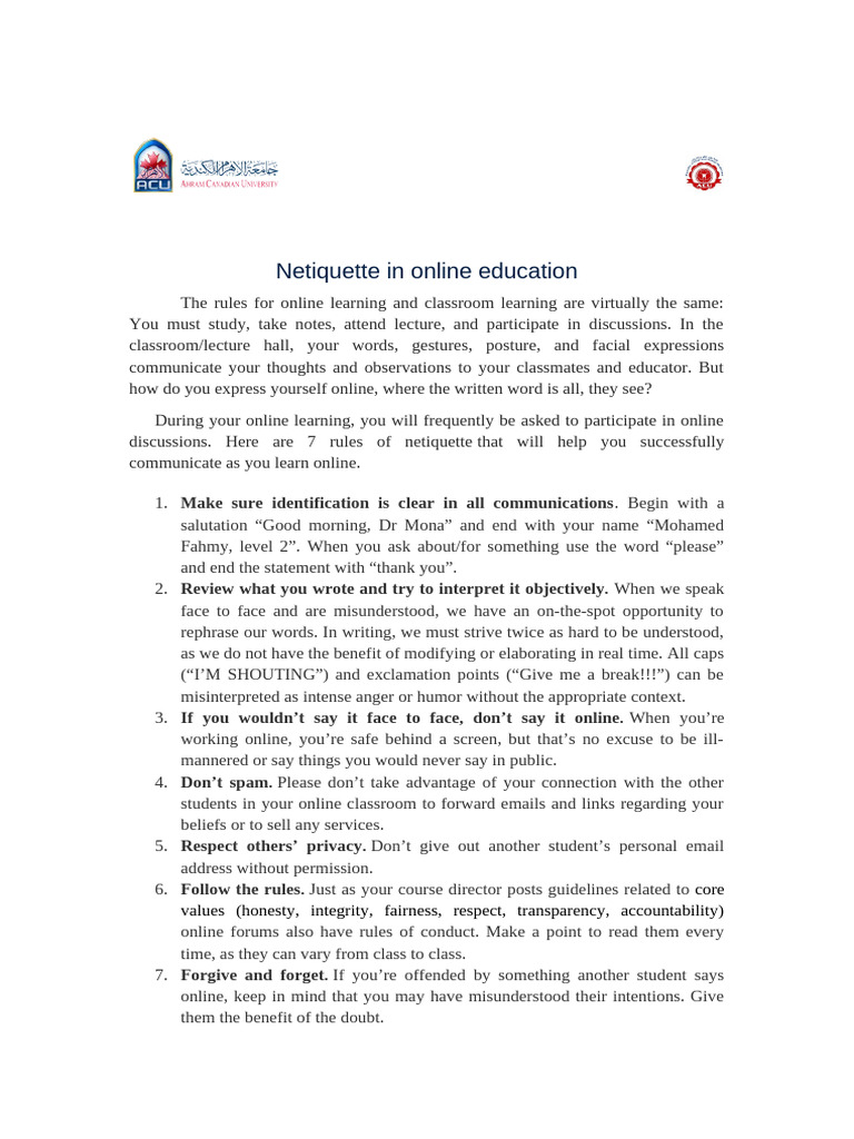 Netiquette in Online Education | PDF | Academic Dishonesty | Human ...