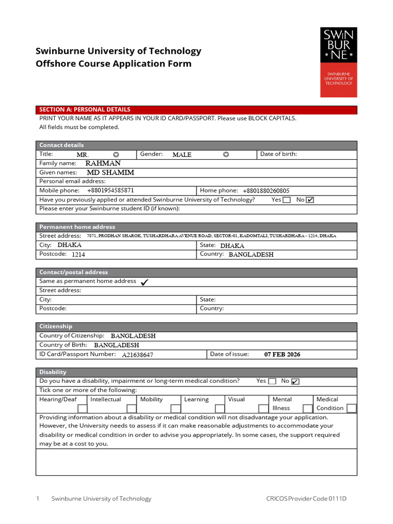 SUT Application Form | PDF | Disability