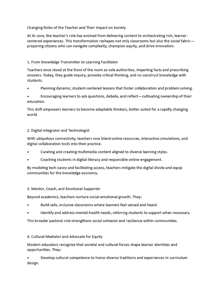 Changing Roles of The Teacher and Their Impact On Society | PDF ...