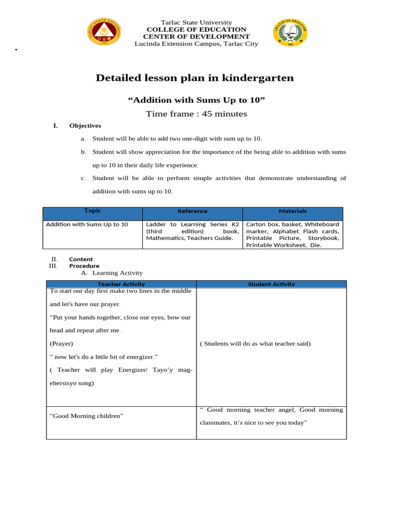 Addition With Sums Up To 10 Detailed Lesson Plan (Ange) | PDF