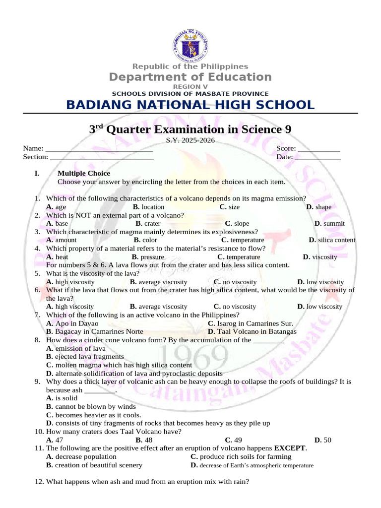 Test Paper 3rd Quarter Science 9 | PDF | Volcano | Lava