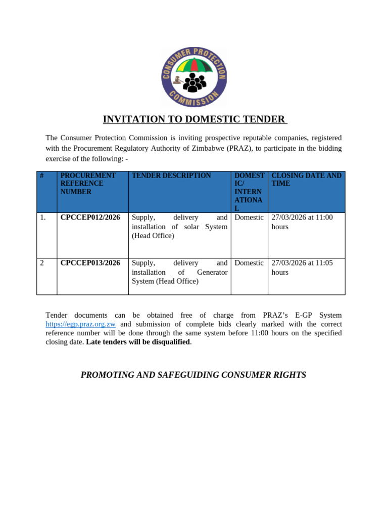 Tender Advert For Consumer Protection Commission 27 March 2026 | PDF