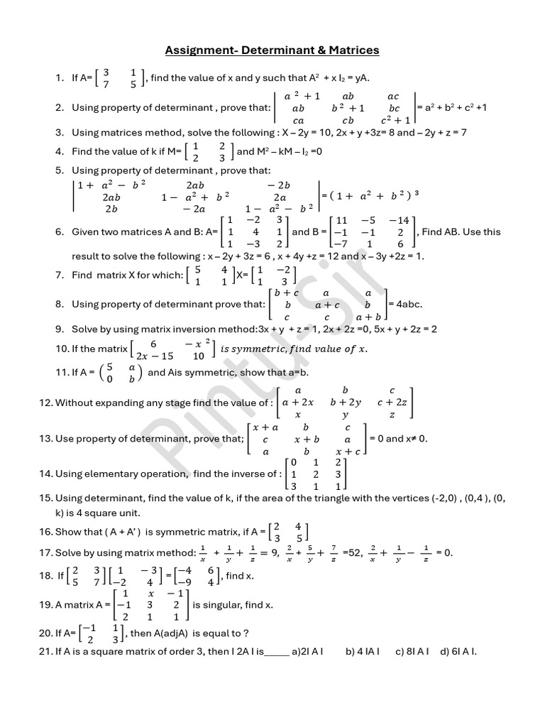 Assignment - Determinant and Matrices | PDF | Determinant | Matrix ...