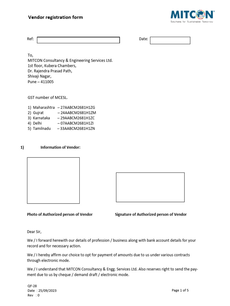 MCESL Mitcon Vendor Registration | PDF | Cheque | Payments