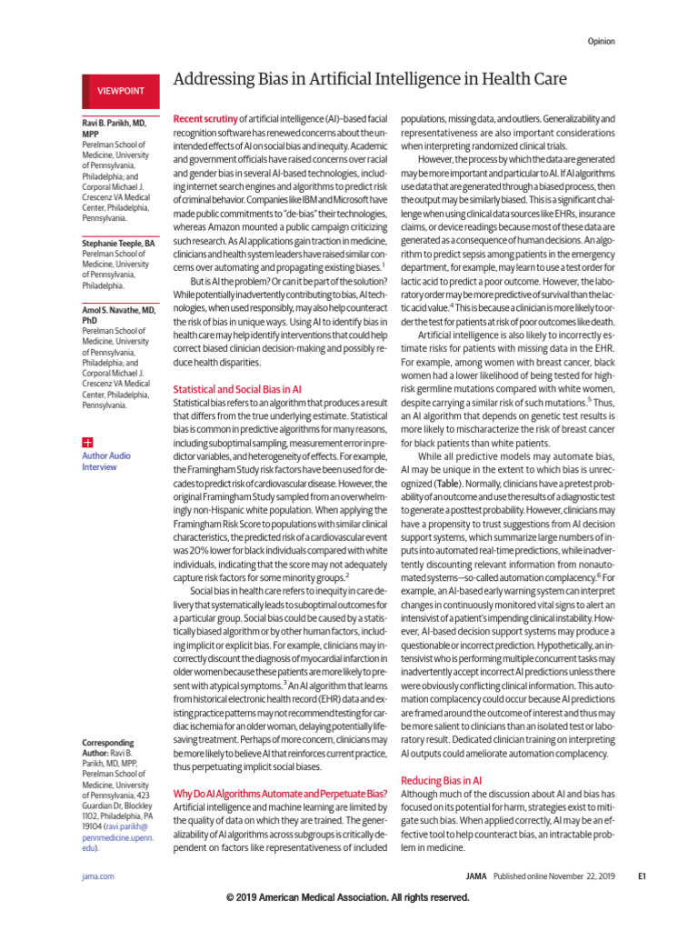Addressing Bias in Artificial Intelligence in Health Care | PDF ...