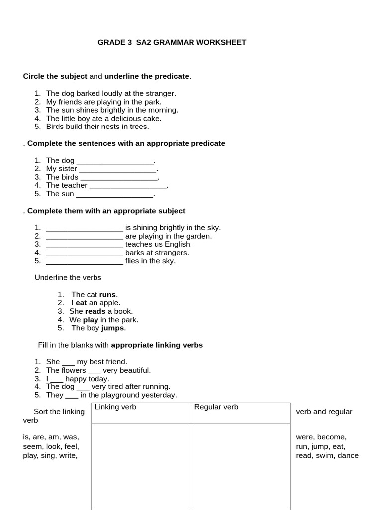 Grade 3 Grammar Worksheet | PDF | Subject (Grammar) | Verb
