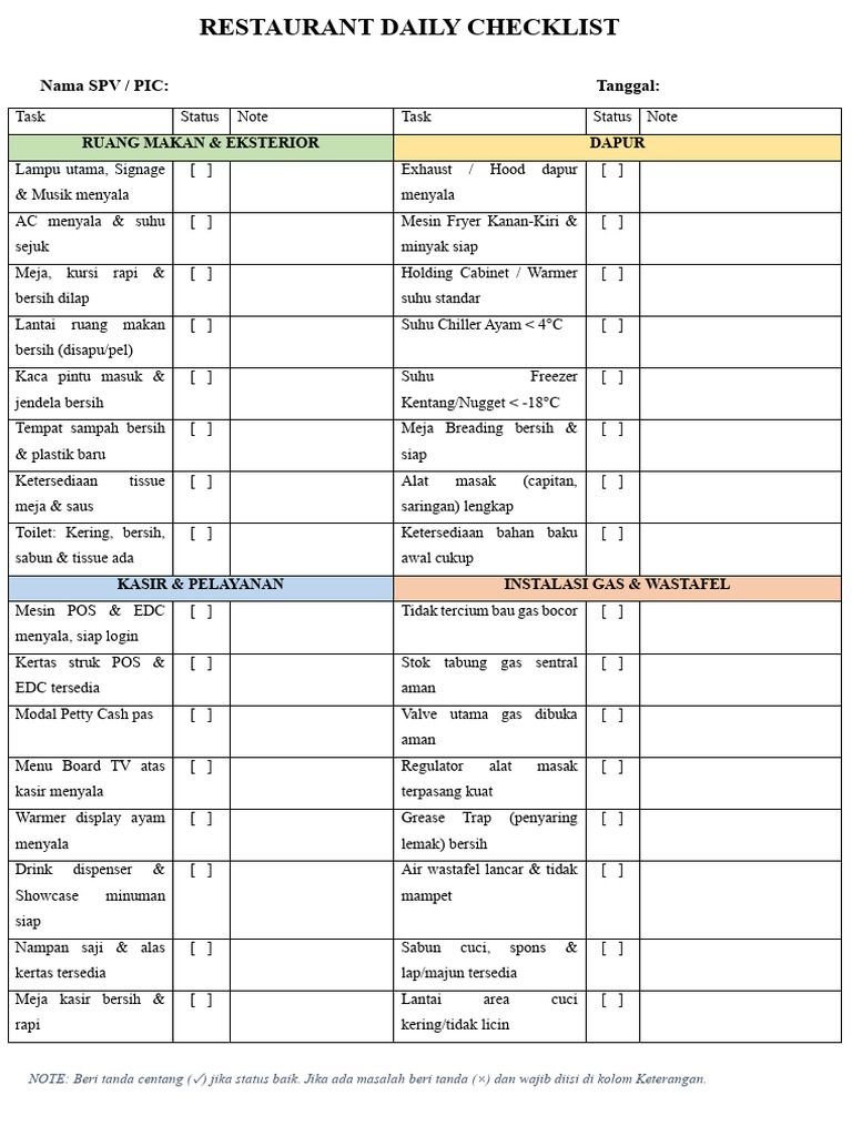 Restaurant Daily Checklist | PDF