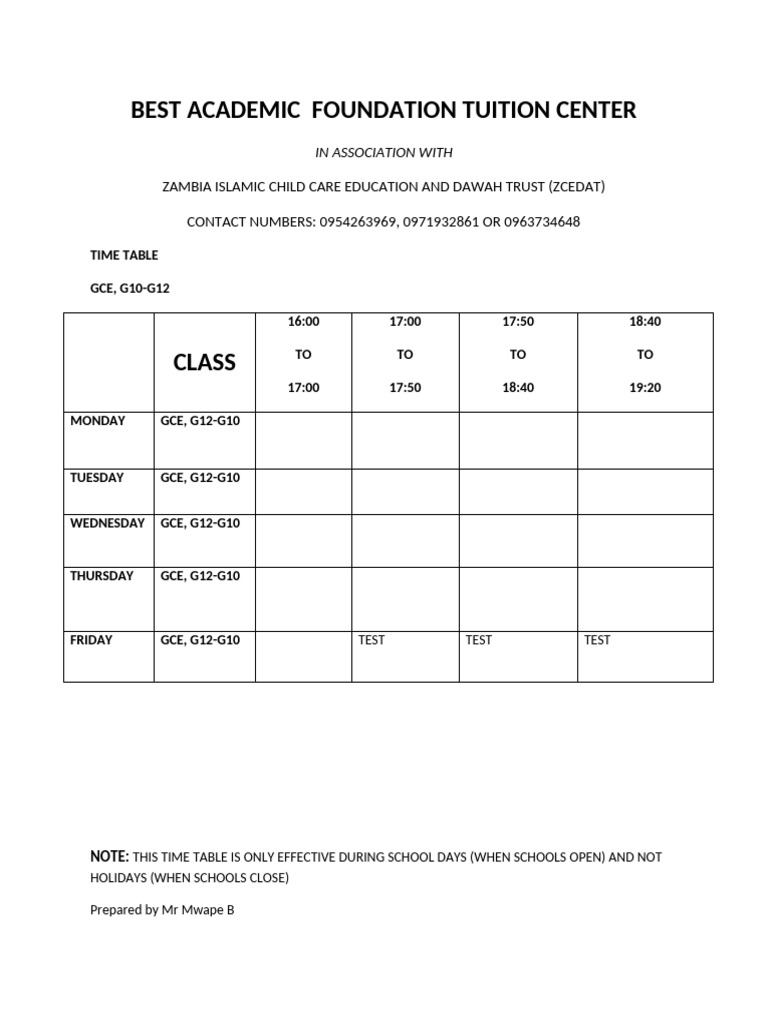 BLANK Tutition Time Table 2 | PDF