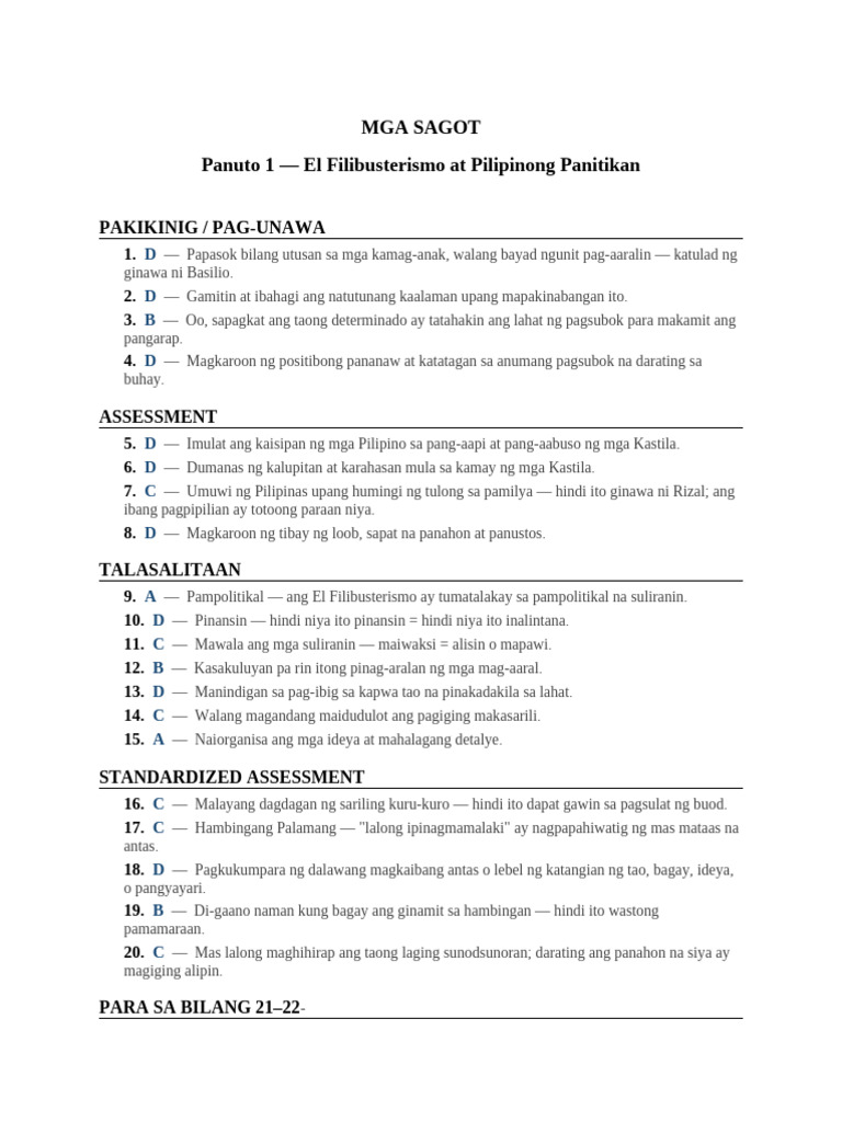 Mga Sagot Panuto1-2 | PDF