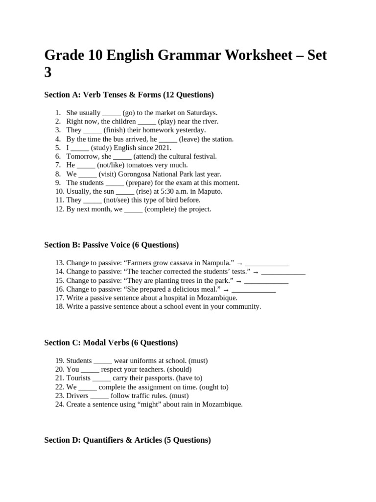 Grade 10 English Grammar Worksheet Set3 | PDF | Syntax | Linguistics