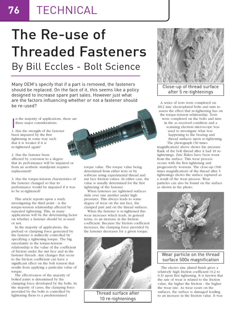 The Re Use of Threaded Fasteners | PDF | Physical Sciences | Applied ...