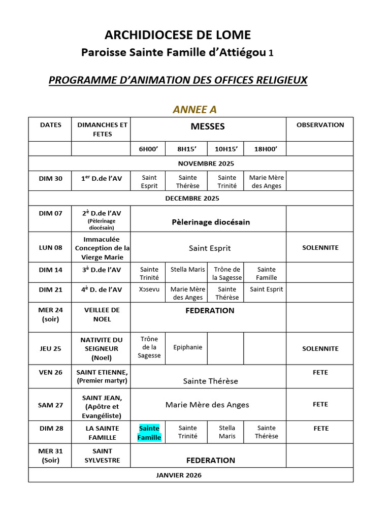 Programme D'animation Des Offices Religieux (Selon L'ordo 2025-2026 ...