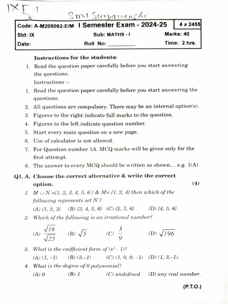Maths-1 Paper 2024-25 | PDF