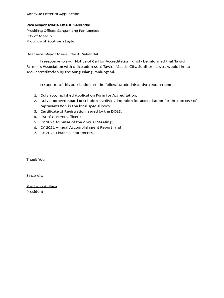 Annex A Letter of Application | PDF