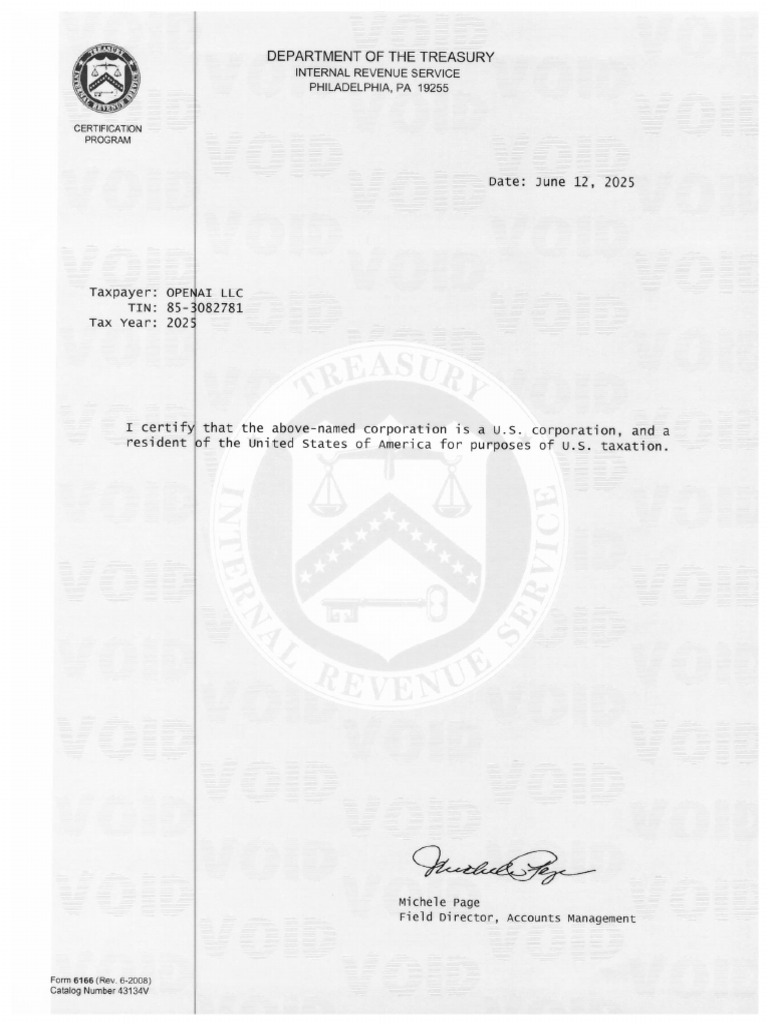 2025-OPENAI-chatgpt Form 6166 Tax Residency Certificate | PDF