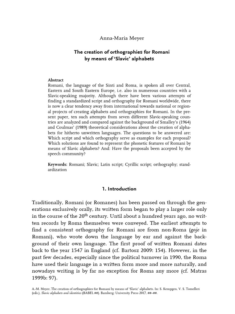 The Creation of Orthographies For Romani by Means of Slavic Alphabets ...