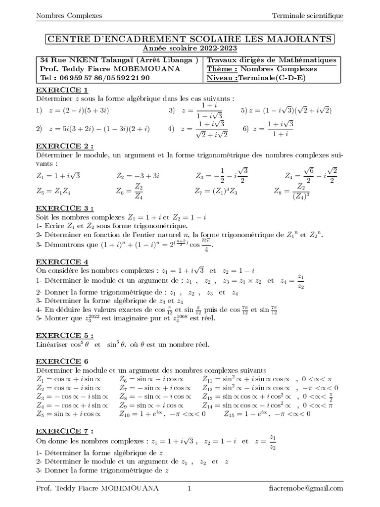 TD Complexe | PDF | Nombre complexe | Analyse complexe