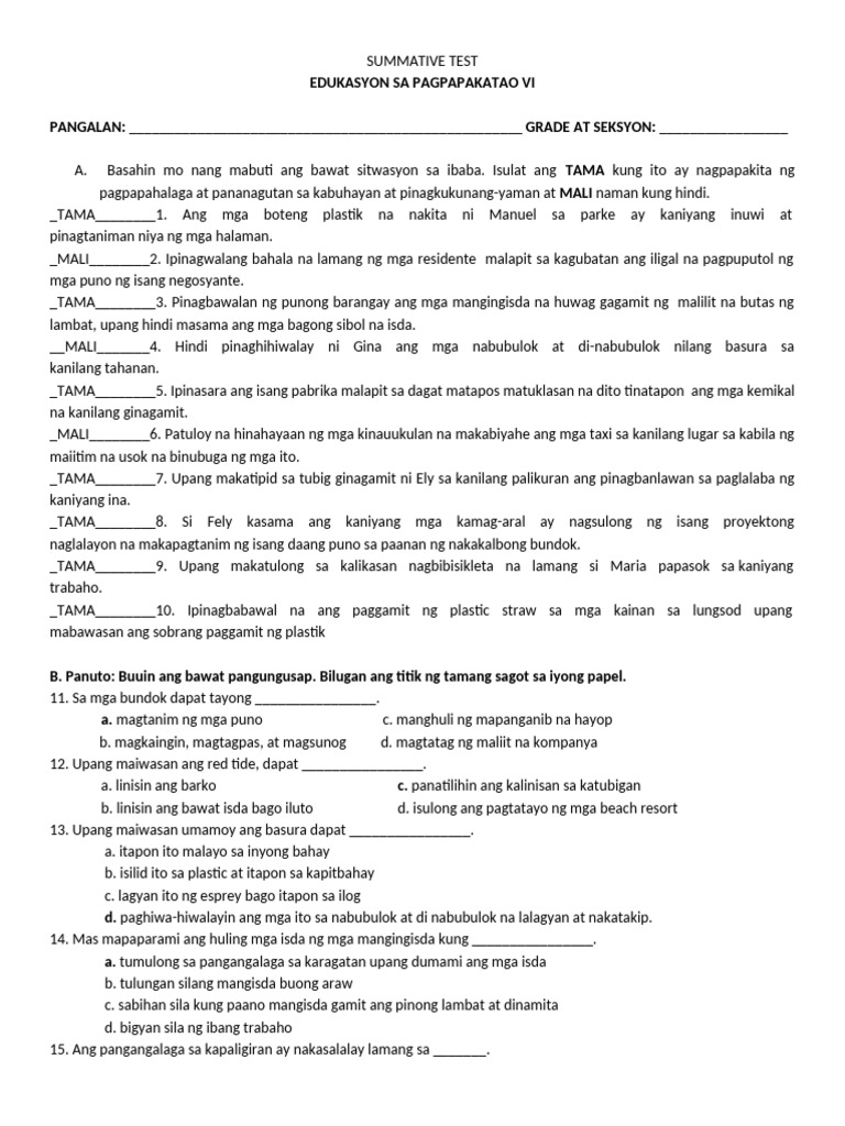 Summative Test Esp 6 q3 | PDF