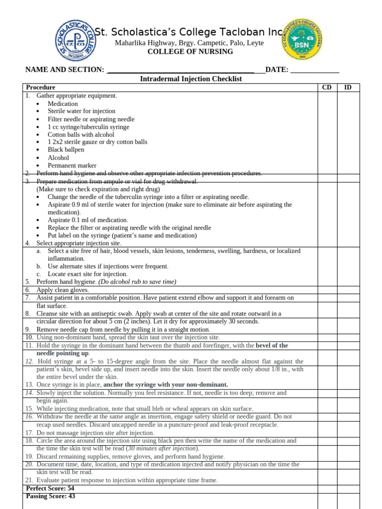 IM and ID Injection Checklists | PDF | Injection (Medicine) | Syringe