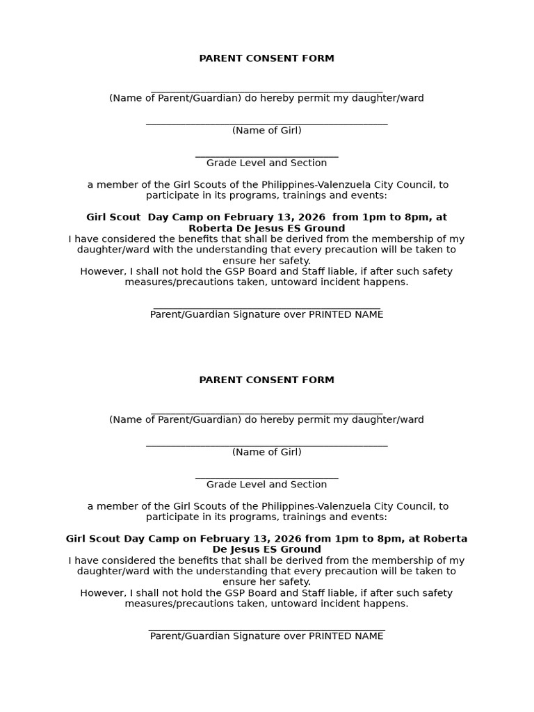 Ks2 Parent Consent Form GSP Day Camp | PDF