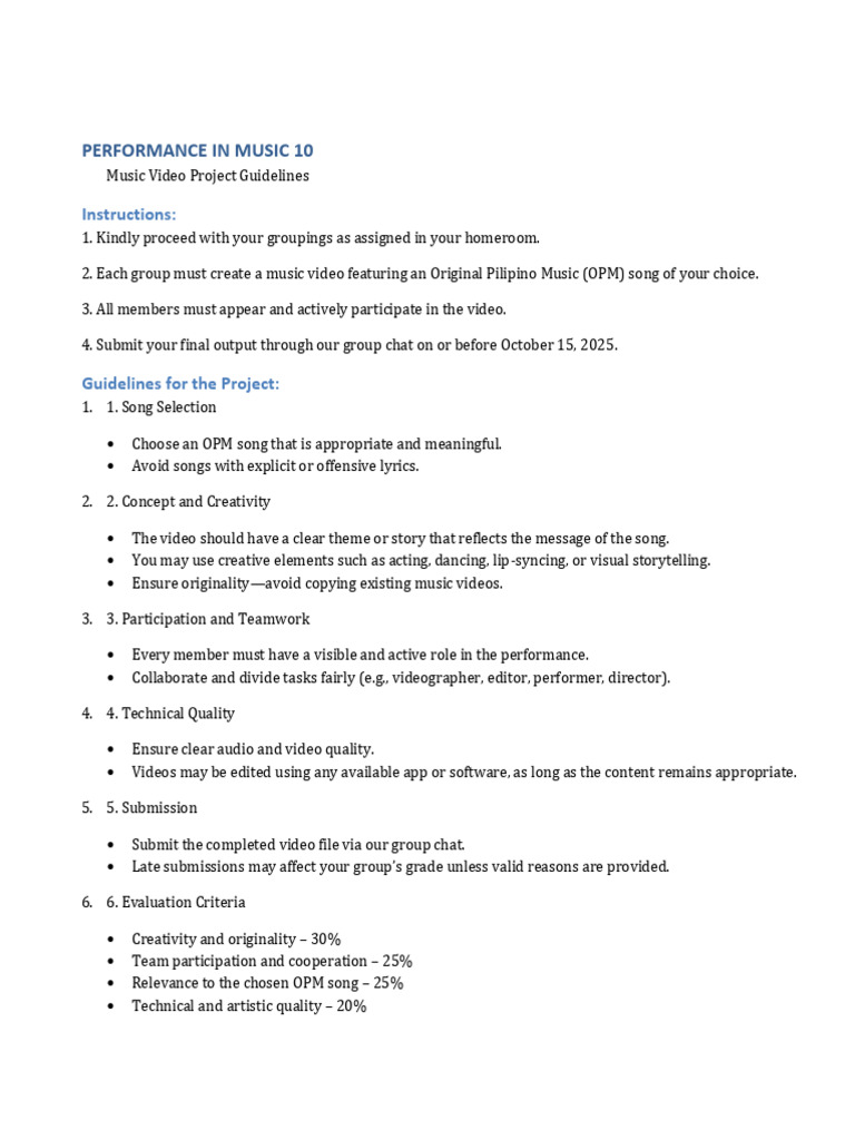 Performance in Music 10 Guidelines | PDF