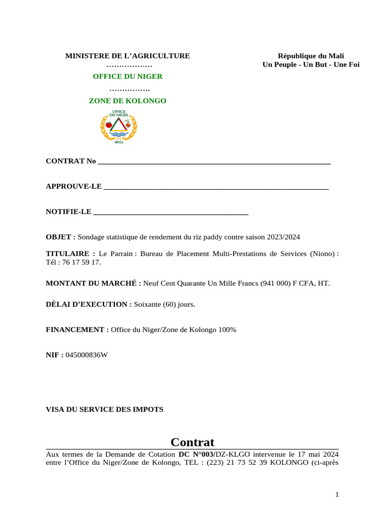 Contrat Contre Saison Sondage Kolongo 2023 2024 | PDF