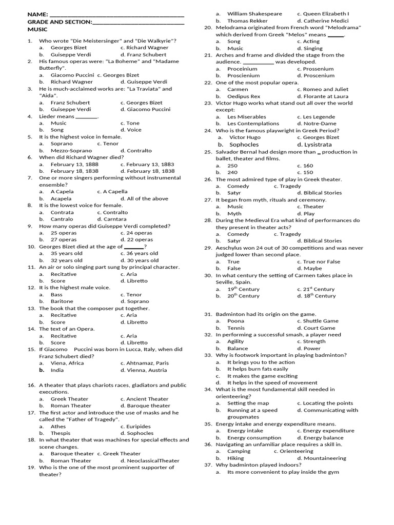 Summative Test 4th Quarter | PDF | Opera | Theatre