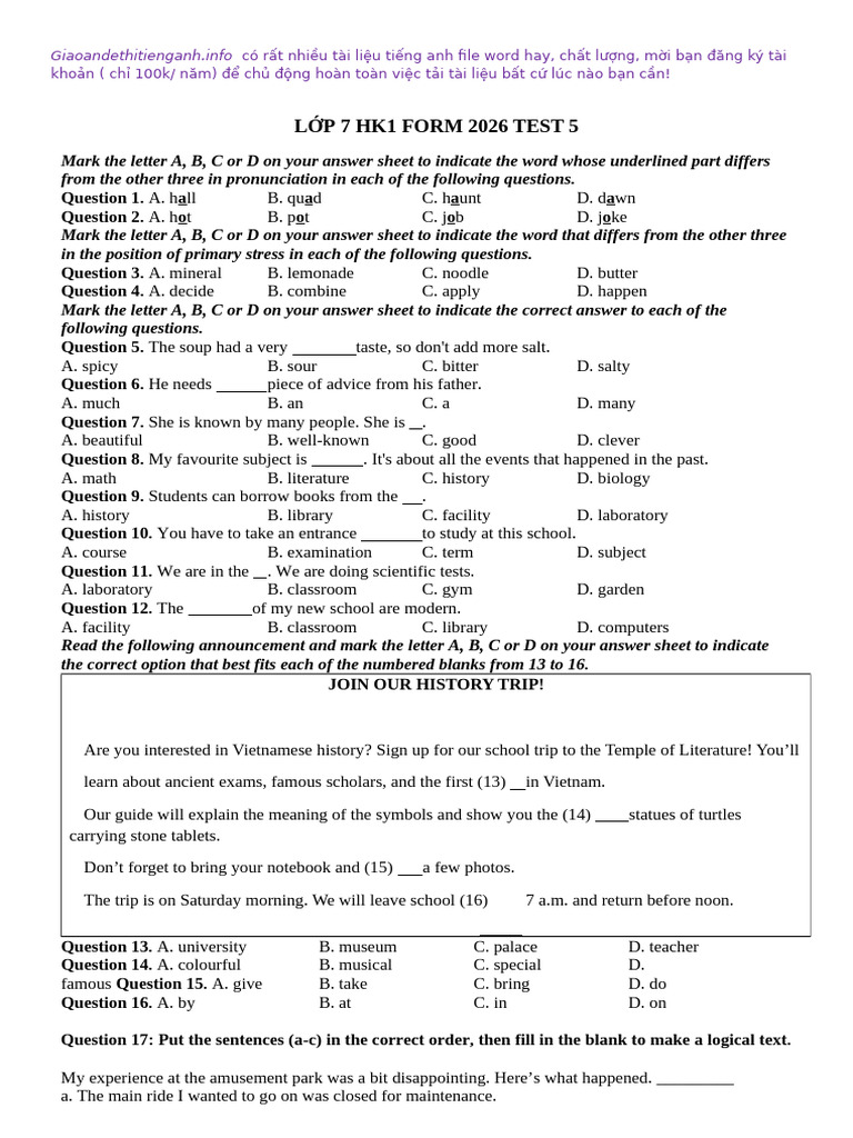 L P 7 HK1 Form 2026 Test 5 | PDF | Lunch | Meal