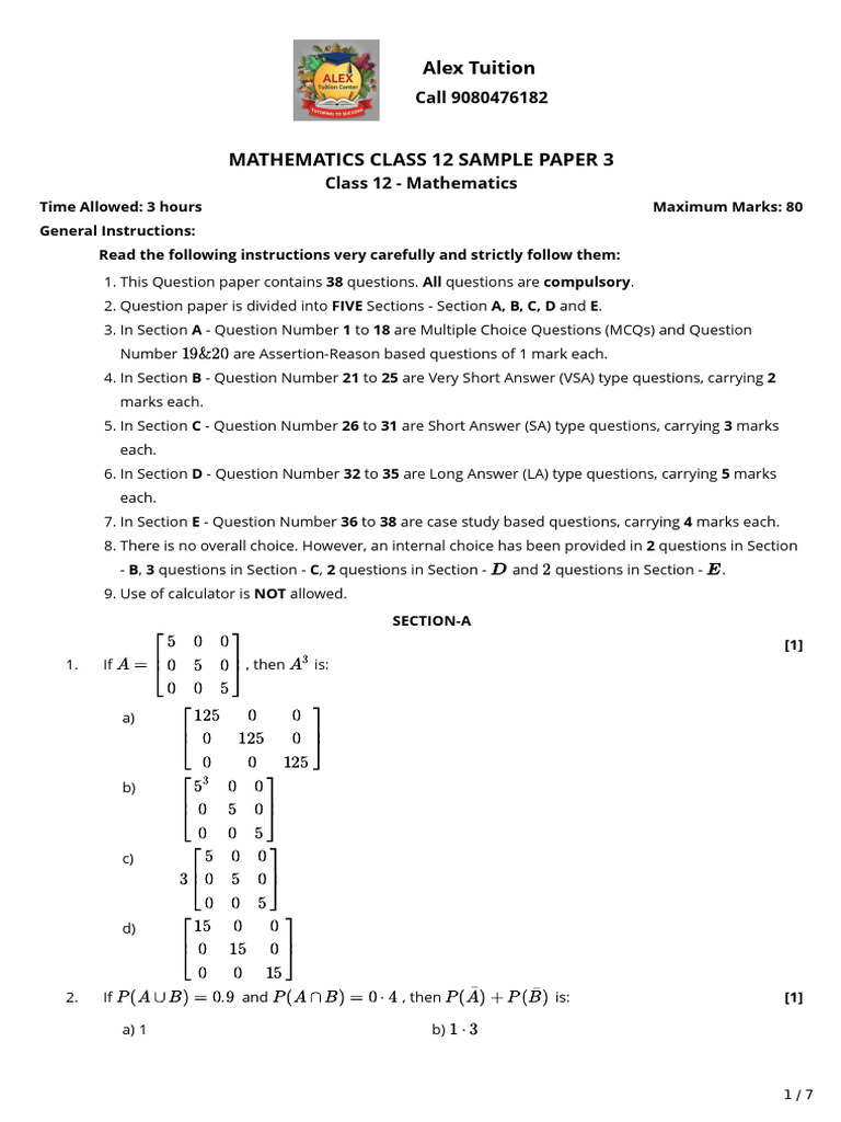 Mathematics Class 12 Sample Paper 3 | PDF | Linear Programming ...
