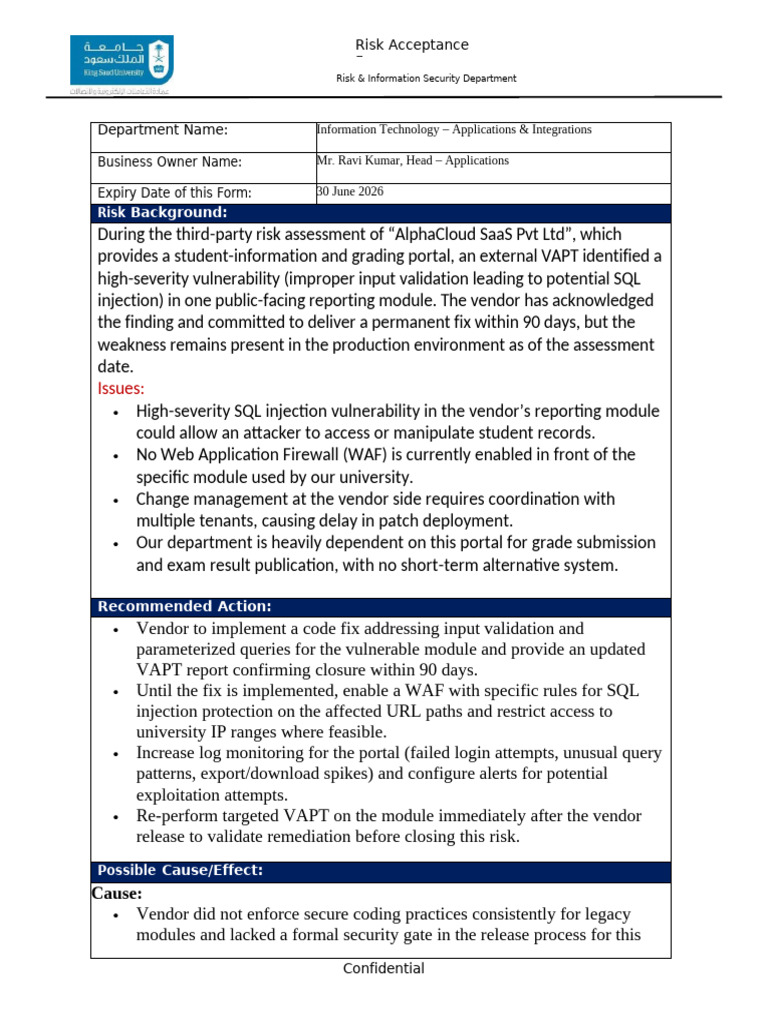 KSU-ETC - Risk Acceptance Form | PDF | Information Security | Secure ...