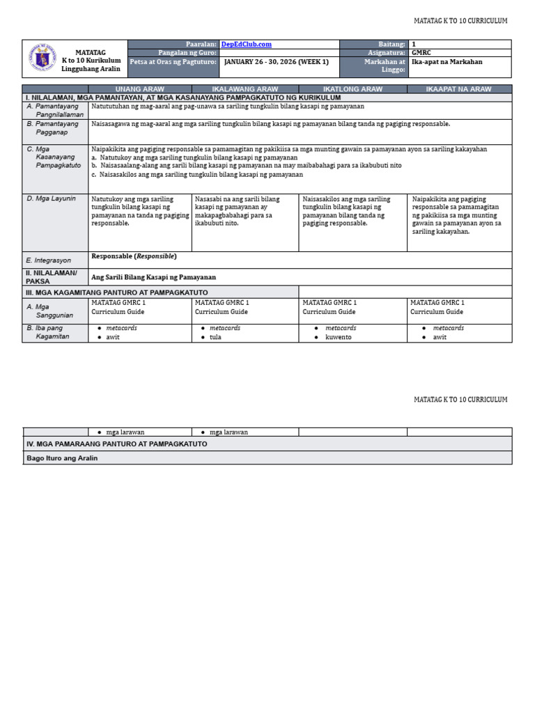 DTC - DLL Matatag - GMRC 1 - Q4 - W1 | PDF