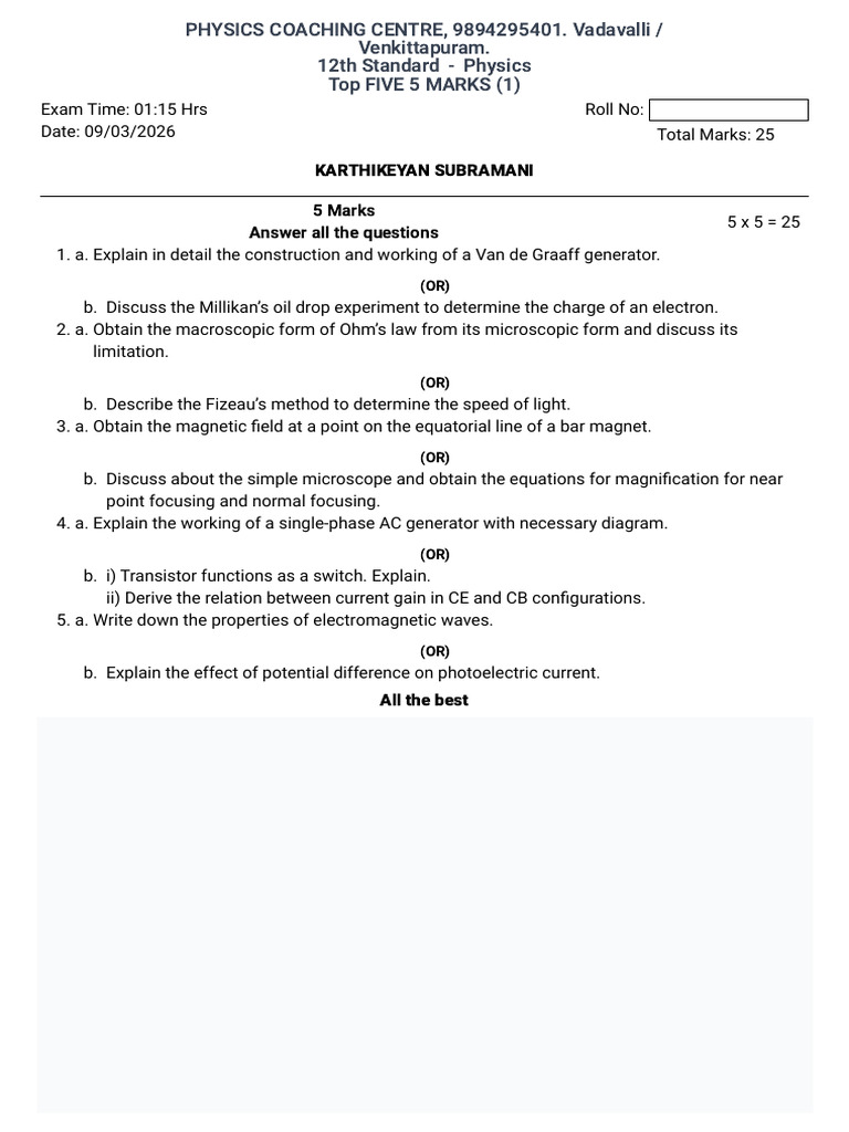Physics - Top Five 5 Marks | PDF