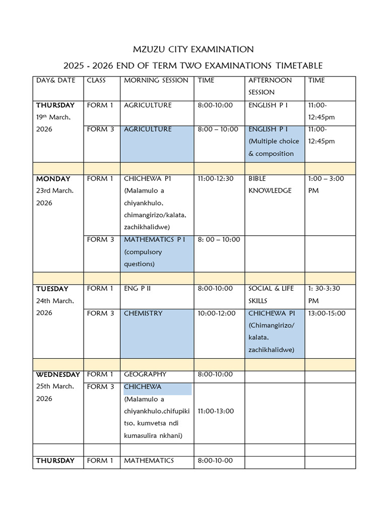 MZZ City Examination - Timetable Term 2 Final | PDF