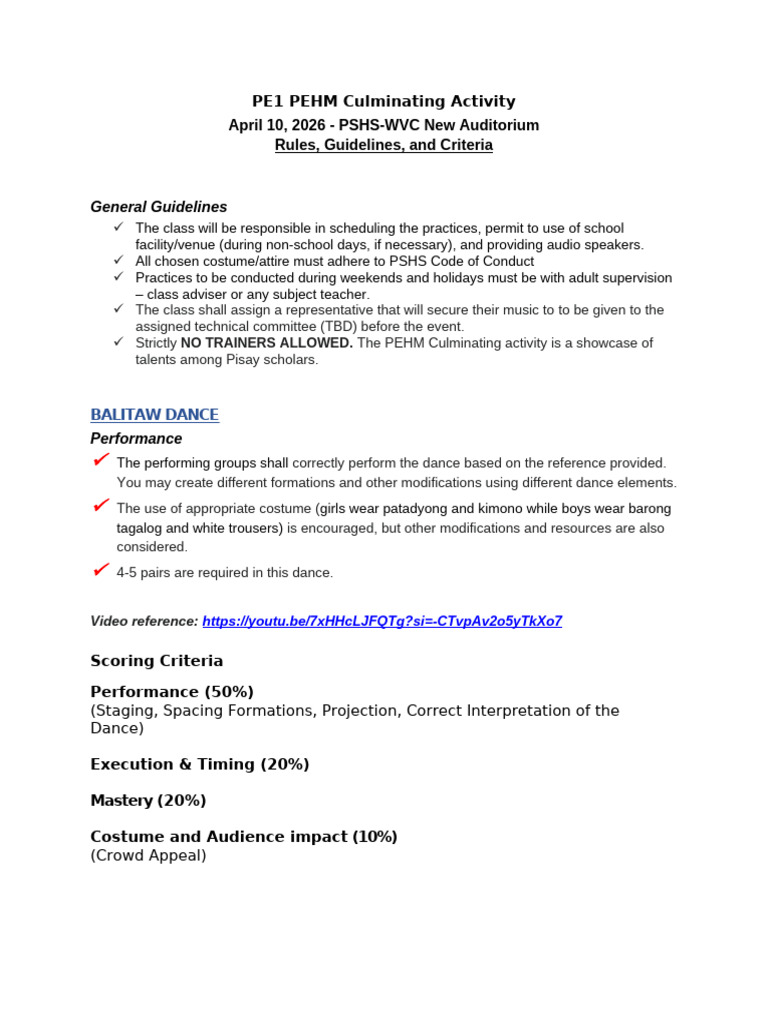 PE1 Culminating Activity Rules, Guidelines, and Criteria | PDF ...