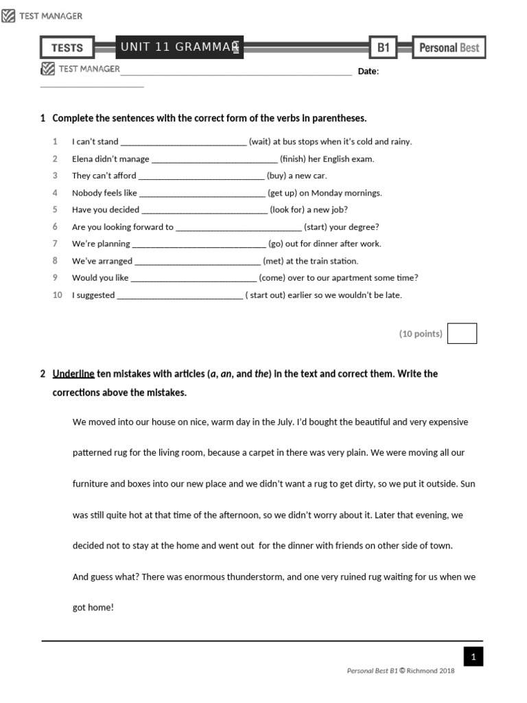 Personal Best B1 AmE Unit 11 Grammar Test | PDF | Linguistic Morphology ...